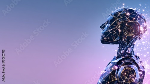 Futuristic humanoid robot design with glowing connections and a gradient background emphasizing innovation and technology's impact on humanity
