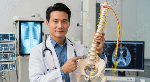 Male doctor explains spinal anatomy in medical setting.