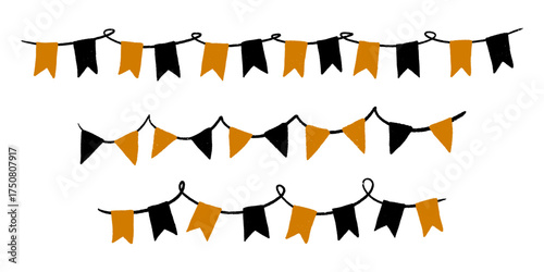 Halloween bunting flags and pennant banner garland for party holiday decor. Hand drawn black and orange rope chain. Autumn fairground template for spooky card design. Isolated vector illustration