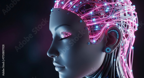 Futuristic female cyborg with glowing neural network.