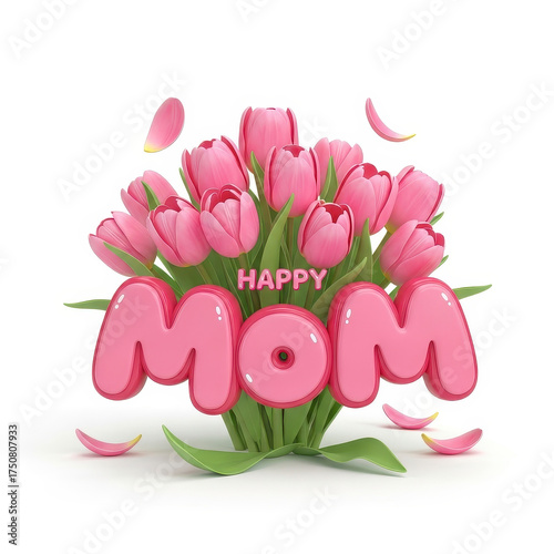 Happy Mom text with pink tulips.