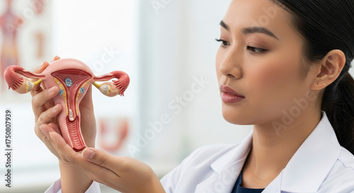 Female doctor examining anatomical uterus model.