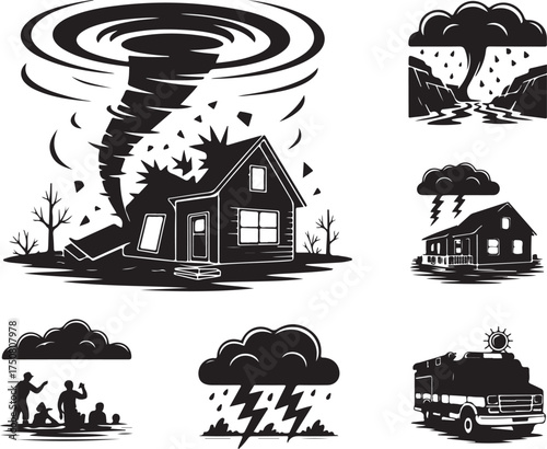 Disaster icons show destruction, rescue, and emergency response