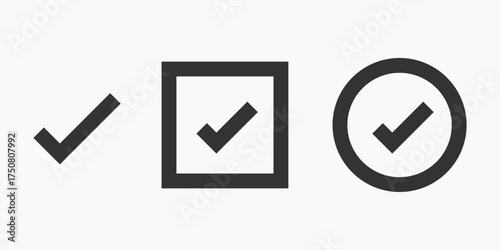 Three check mark icons: a simple check, a check in a square, and a check in a circle. Check marks in different styles for selection and approval. Vector element set.