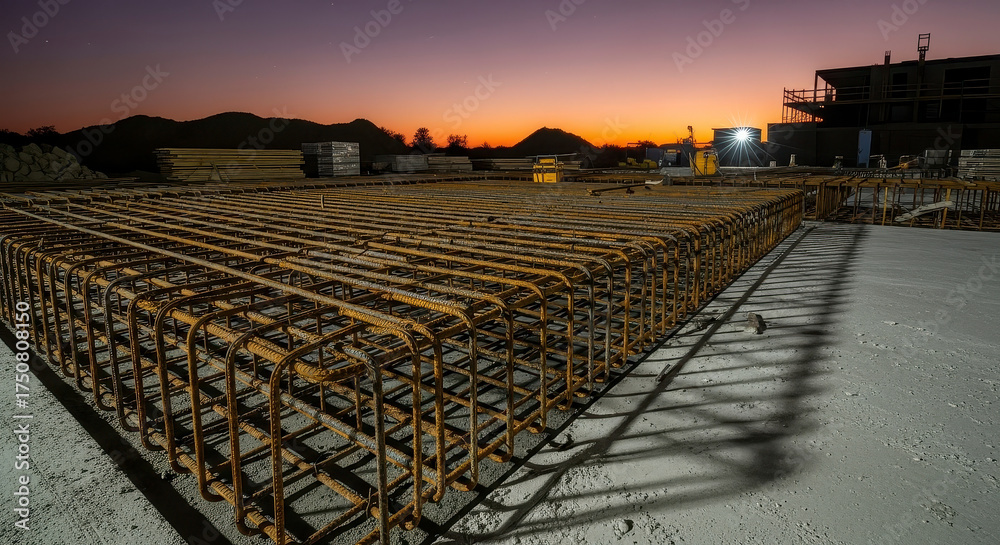 Fototapeta premium Industrial construction site at sunset with rebar framework.