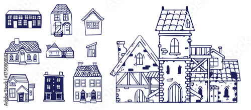 Sketch set of houses in doodle style