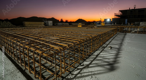 Industrial construction site at sunset with rebar framework.