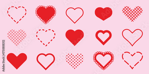 Set of 15 red heart icons on a pink background. Various heart designs, including dotted, lace, and solid patterns. Heart icons for love and Valentine's themes. Valentine's Day elements, vector set.