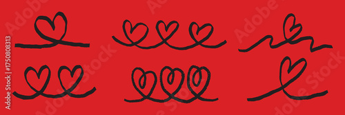 Pattern of hand-drawn hearts on a red background. Black hearts, red background. Repeated heart pattern, artistic hearts. Simple, bold heart design. Cute hand drawn Valentine's Day vector set.