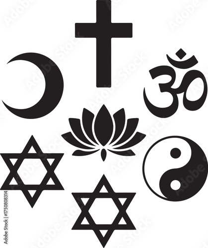 Diverse faith symbols united, harmony, peace, unity