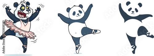 Funny and Cute Cartoon Panda Bears Dancing Ballet Vector Illustration Set