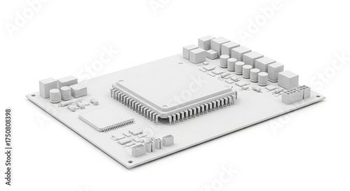 White 3D rendering of a computer circuit board.