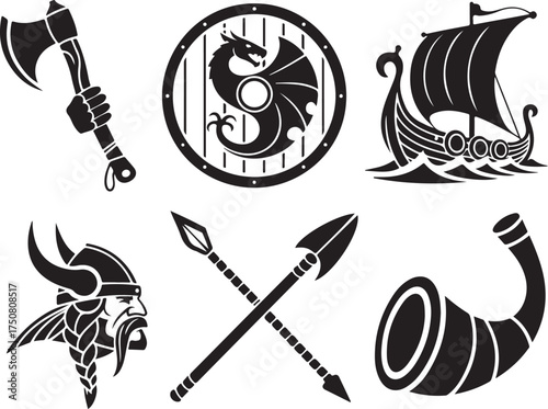Viking warrior icons axe shield ship spears horn