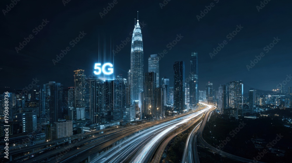 Fototapeta premium A vibrant city skyline illuminated at night showcasing modern skyscrapers and busy traffic below. The prominent 5G symbol highlights technological advancement.