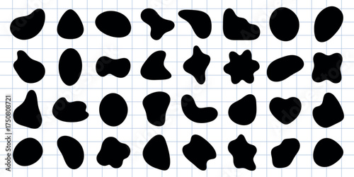 Collection of abstract black shapes on a grid background. Abstract shapes vary in form, size, and design. Grid background enhances abstract effect. Black shape vector set.