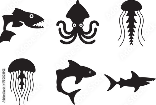 Ocean life silhouettes: fish, shark, squid, jellyfish