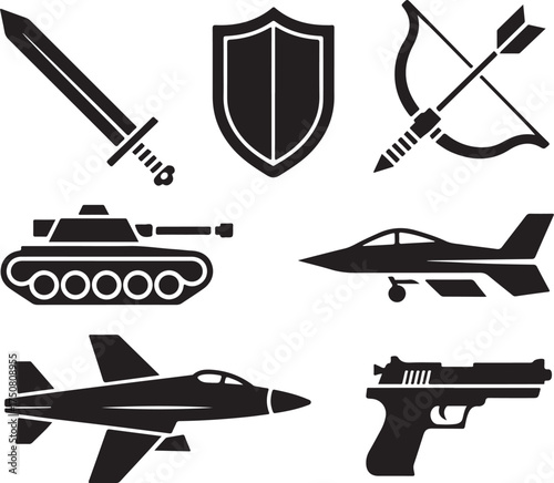 Diverse weaponry icons sword tank jet pistol shield bow