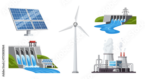 Illustration of single wind turbine generating clean energy isolated on white background