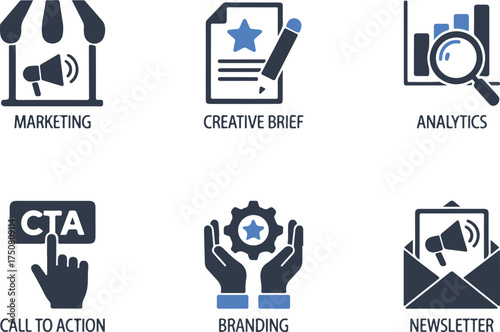 Marketing and Analytics Icons – Creative Brief, Call to Action, Branding, Newsletter, KPI Vector Pack on  transparent background