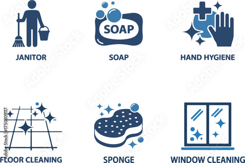 Janitor and Cleaning Icons – Soap, Hand Hygiene, Floor Cleaning, Sponge, Window Cleaning, Sanitation Vector Pack on  transparent background