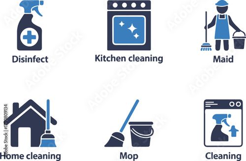 Home Cleaning Icons – Disinfect, Kitchen Cleaning, Maid Service, Mop, Residential Sanitation Vector Set on  transparent background