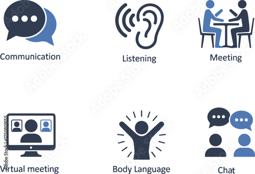 Communication and Meeting Icons Vector Set – Listening, Virtual Meeting, Body Language, Chat, Collaboration for business and social media use  on  transparent background