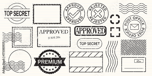 Collection of postal stamps and labels, featuring 'Approved', 'Rejected', 'Top Secret', and 'Premium'. Includes various shapes and designs for postal themes. Black stamps, vector set.