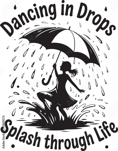Silhouette girl with umbrella dancing in rain splashes Religious Symbol child