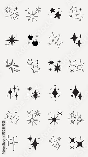 Collection of star and sparkle icons in various shapes. Stars and sparkles are black on a white background. Diverse star and sparkle designs in a grid layout. Element vector set.