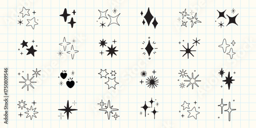 Collection of star and sparkle icons. Various star shapes and sparkle designs. Star and sparkle icons in black and white. Decorative star and sparkle elements. Element vector set.