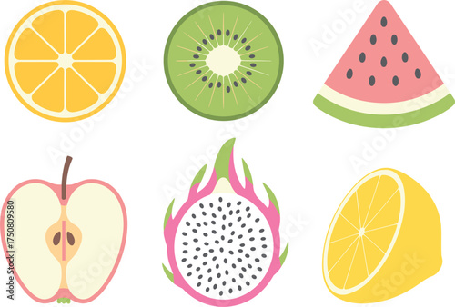 Assortment of Fresh Fruit Slices and Halves With White Background Keywords: fruit, orange, kiwi