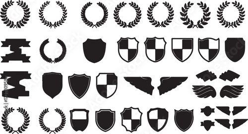 Extensive vector set of black heraldic shields, laurel wreaths, ribbons, and wings for logo and emblem design.