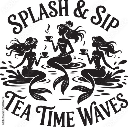 Three mermaids drinking tea in water with text Splash Religious Symbol vector