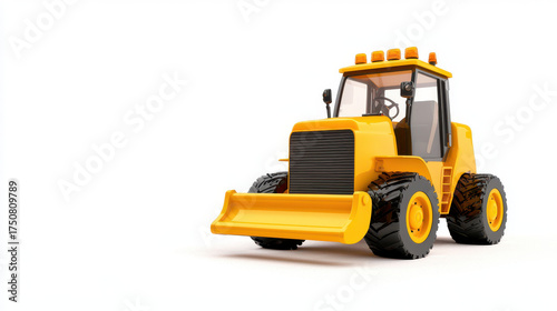 Bright yellow bulldozer with large tires and front blade, ideal for construction and excavation tasks, stands prominently against white background