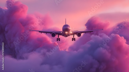 Jetliner descends through vibrant pink and purple clouds at twilight.