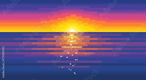 Pixelated sunset over the ocean, with the sun reflecting on the water, creating a beautiful scene.