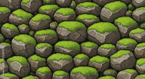 A detailed illustration of a mossy stone wall, creating a seamless natural texture.