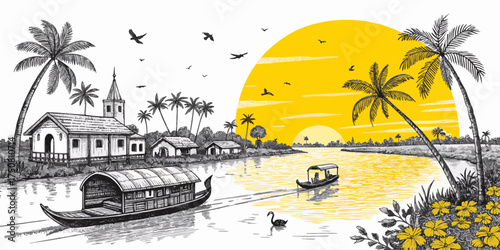 Alleppey Kerala Line Art Illustration with Scenic Backwaters, Houseboats, and Sunset Horizon – Ideal for Travel Agencies and Heritage Promotion Materials