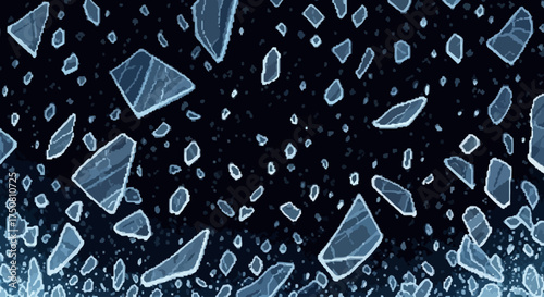 Abstract background of numerous small, sharp, light blue ice shards floating in a dark void.