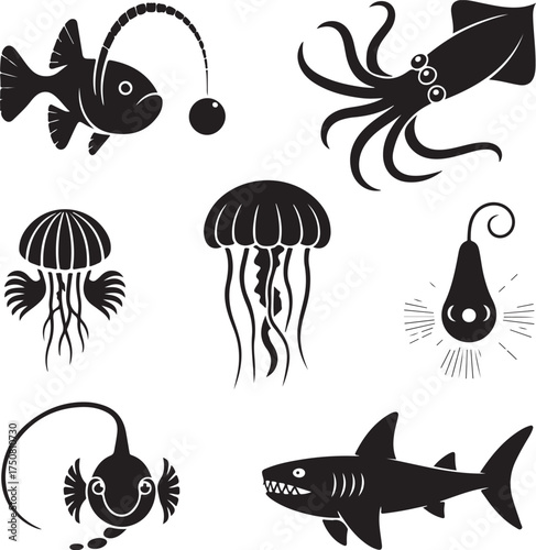 Ocean life icons: shark, squid, jellyfish, anglerfish