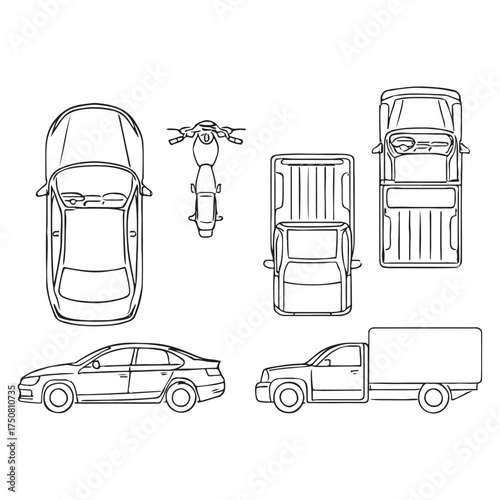 Set of outline vector car, bike, truck vehicles. Top and side view. Vector illustration