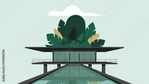 Illustration of a modern house with a pool and greenery on top against a light blue background