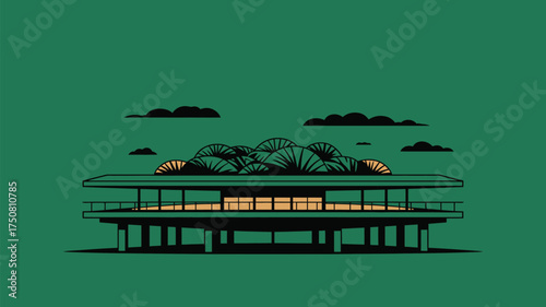 Illustration of a building with a flat roof and trees on top against a green background and dark clouds