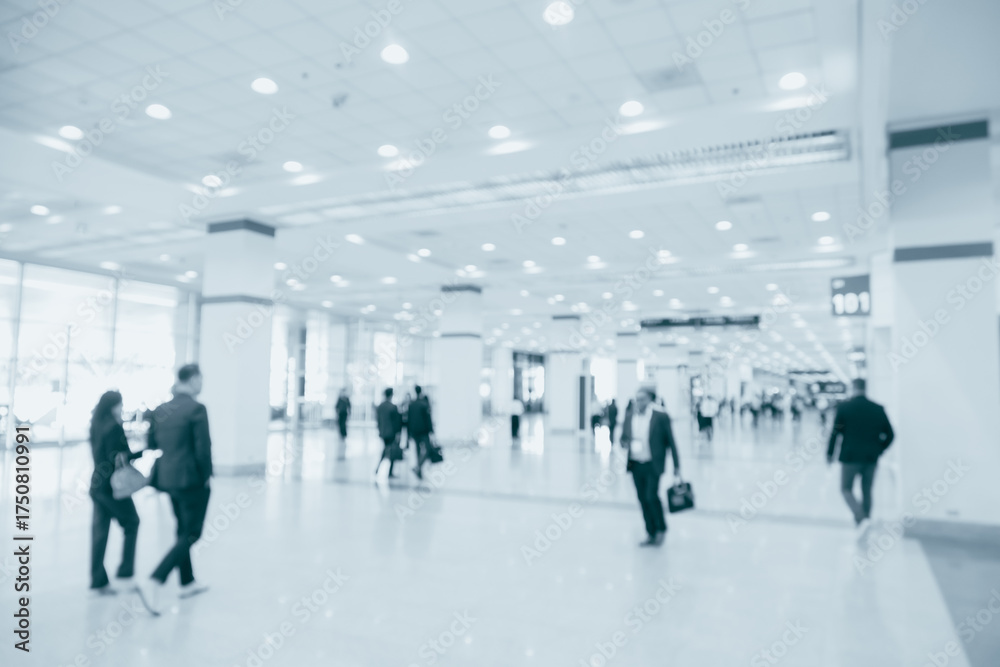 Fototapeta premium Convention center hall corridor blur background, World conference, International business blue color