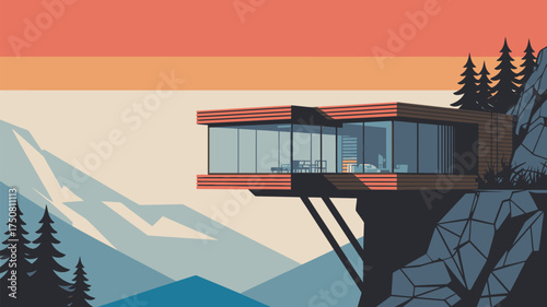 Modern house on a cliff with glass walls overlooking mountains and a sunset in a stylized illustration