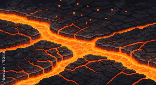 A vibrant, pixelated landscape depicts flowing lava channels cutting through cracked, dark volcanic rock formations under a sky with small, glowing embers.