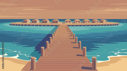 Wooden pier leading to island with huts under a pastel sky and blue water on a sunny day scene view