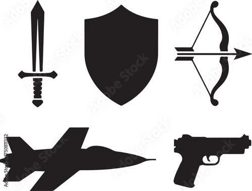 Weapon icons sword shield bow jet pistol modern warfare