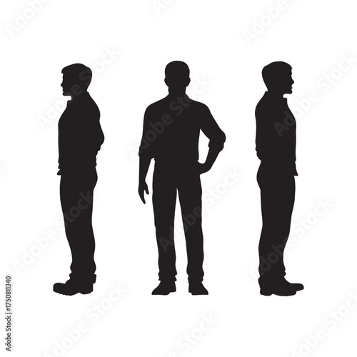 Silhouettes of men standing together in various poses. Black vector illustration on white background representing teamwork, unity, and modern human design.