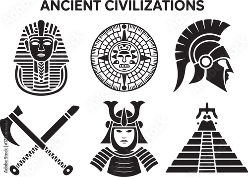 Ancient civilization symbols: Egypt, Maya, Greece, Japan, Aztec